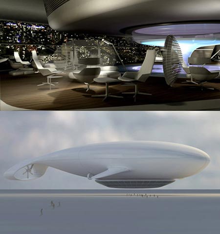 "Manned Cloud" - a luxury airship/hotel, able to accommodate 60 passengers, proposed by French designer Jean-Marie Massaud.  It is being currently being developed and could accommodate travelers on a 3 day cruise around the world.